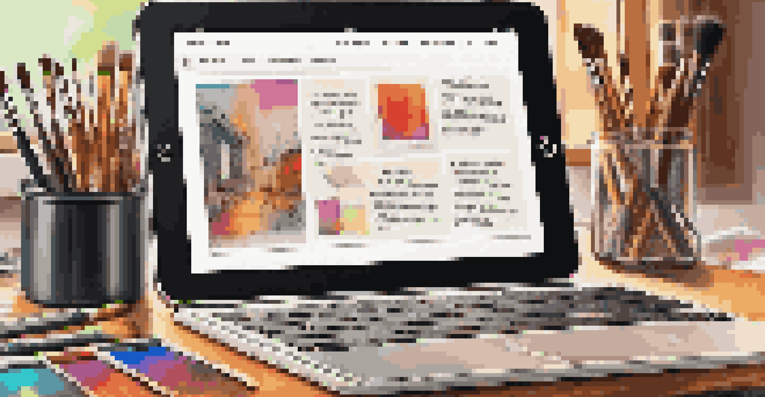 A close-up of a digital tablet showing an art critique blog with art supplies around it.
