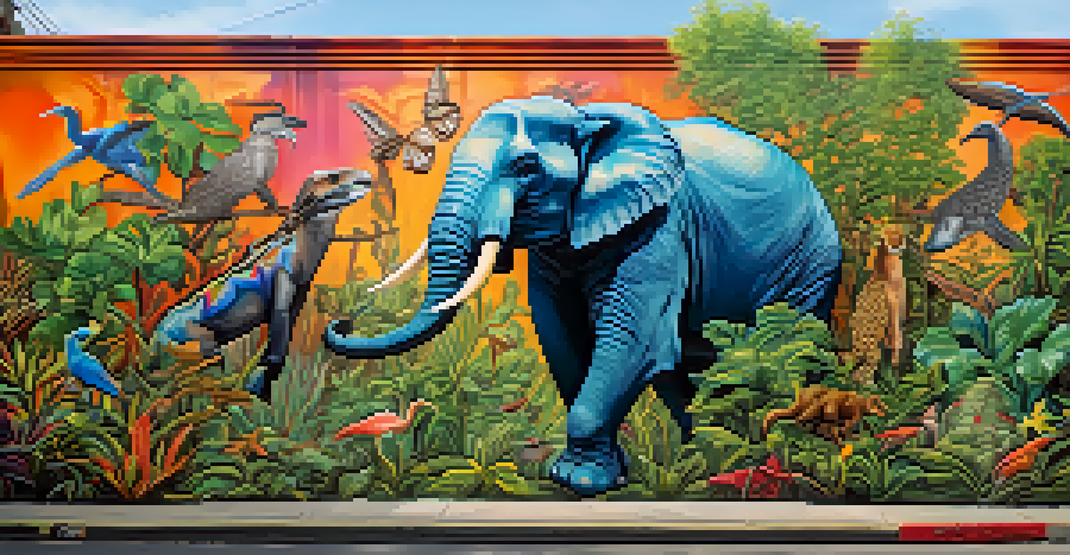 A detailed street mural of a lush landscape featuring endangered animals, painted with vibrant colors and textures on a large wall, surrounded by urban elements.