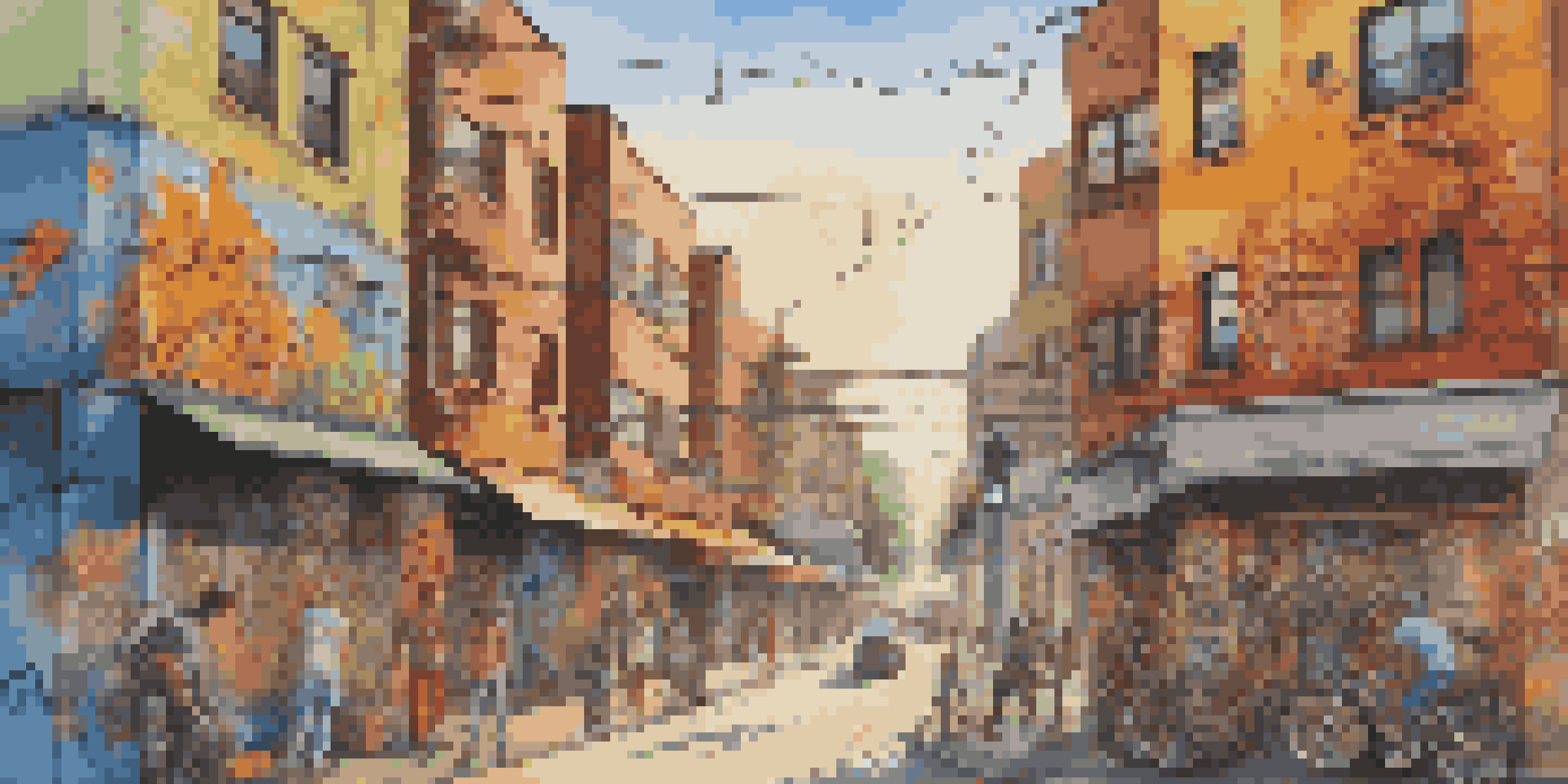 A colorful urban street scene filled with street art and graffiti, depicting diverse characters and social messages under warm sunlight.