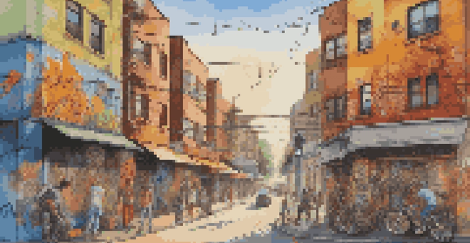 A colorful urban street scene filled with street art and graffiti, depicting diverse characters and social messages under warm sunlight.