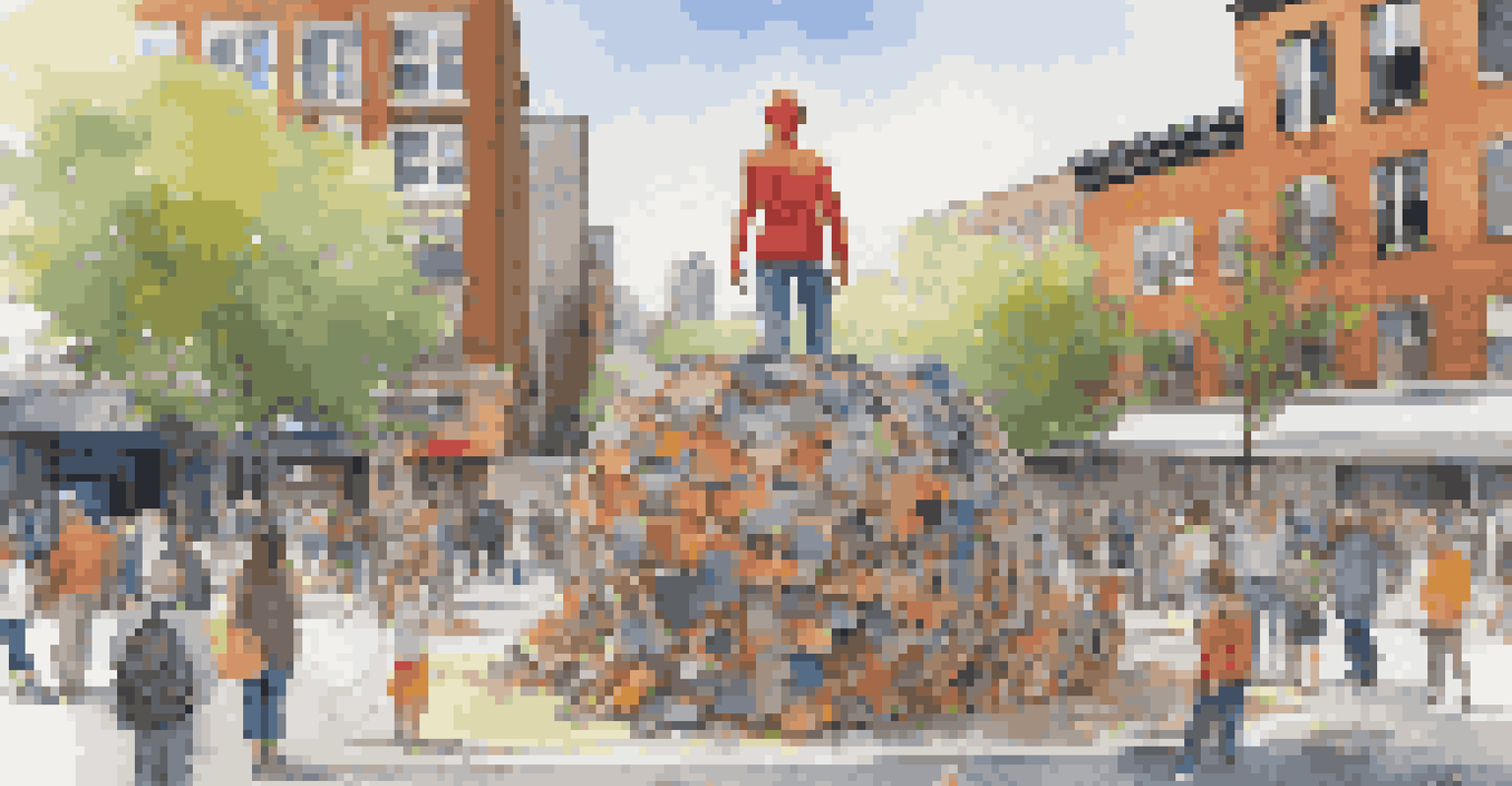 An interactive public art installation made from recycled materials, with people engaging in an urban square.