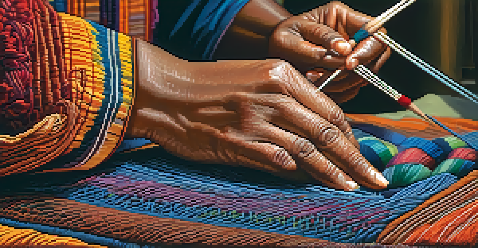 An artisan's hands weaving a colorful traditional textile, showcasing intricate patterns and craftsmanship.