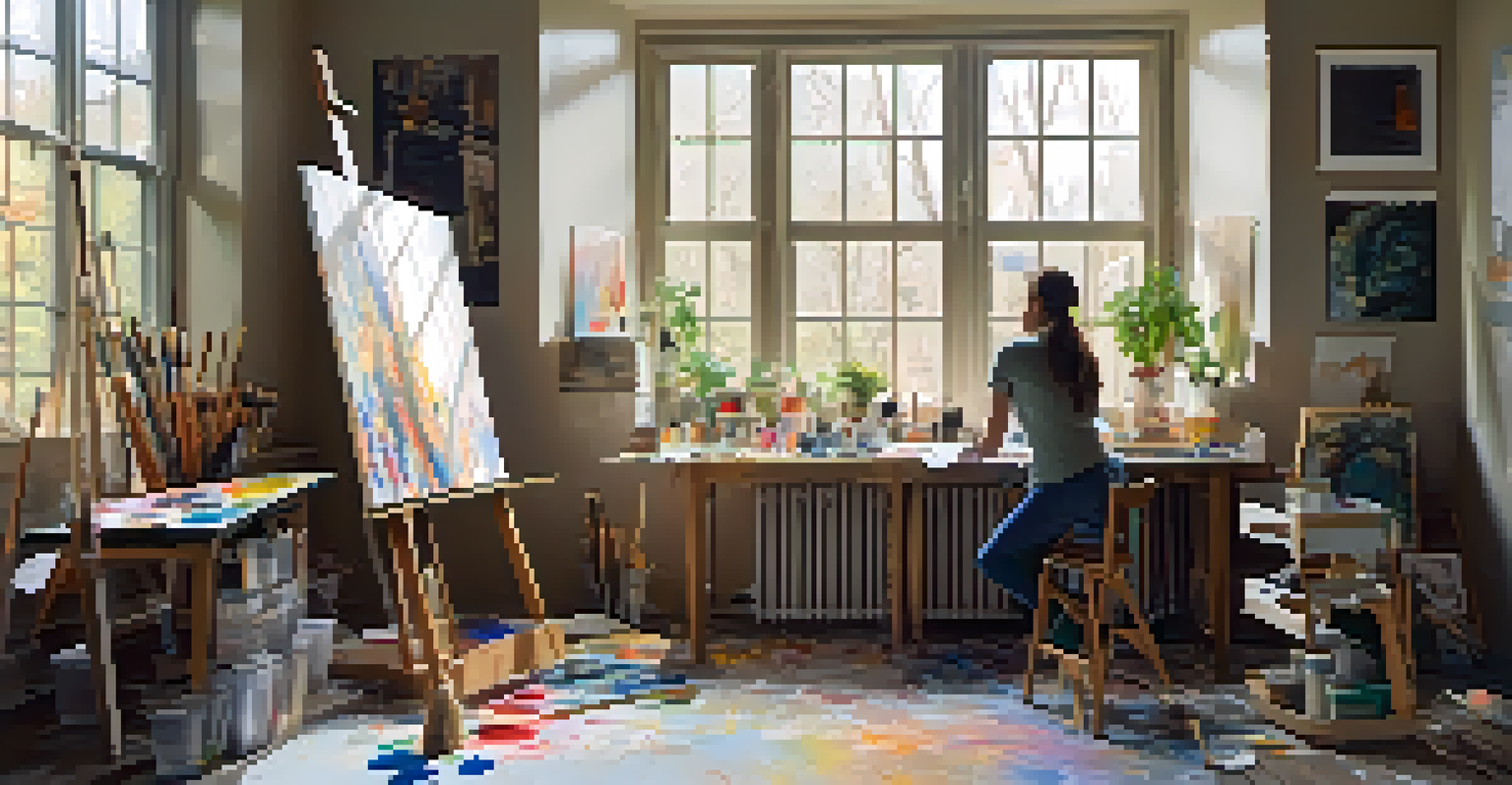 An artist's studio with canvases and supplies, featuring an emerging artist at work in a well-lit, cozy environment.
