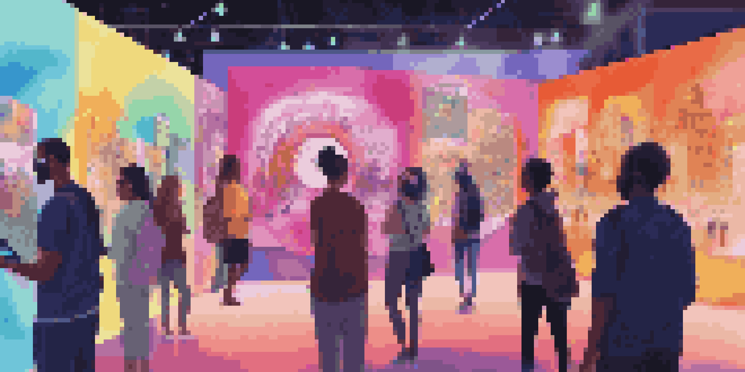 A lively virtual art festival with people interacting with colorful digital installations and artworks displayed on screens.