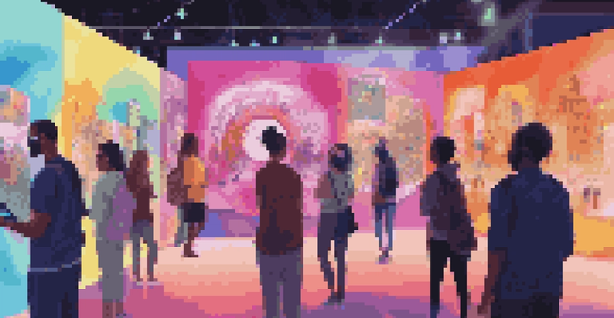 A lively virtual art festival with people interacting with colorful digital installations and artworks displayed on screens.