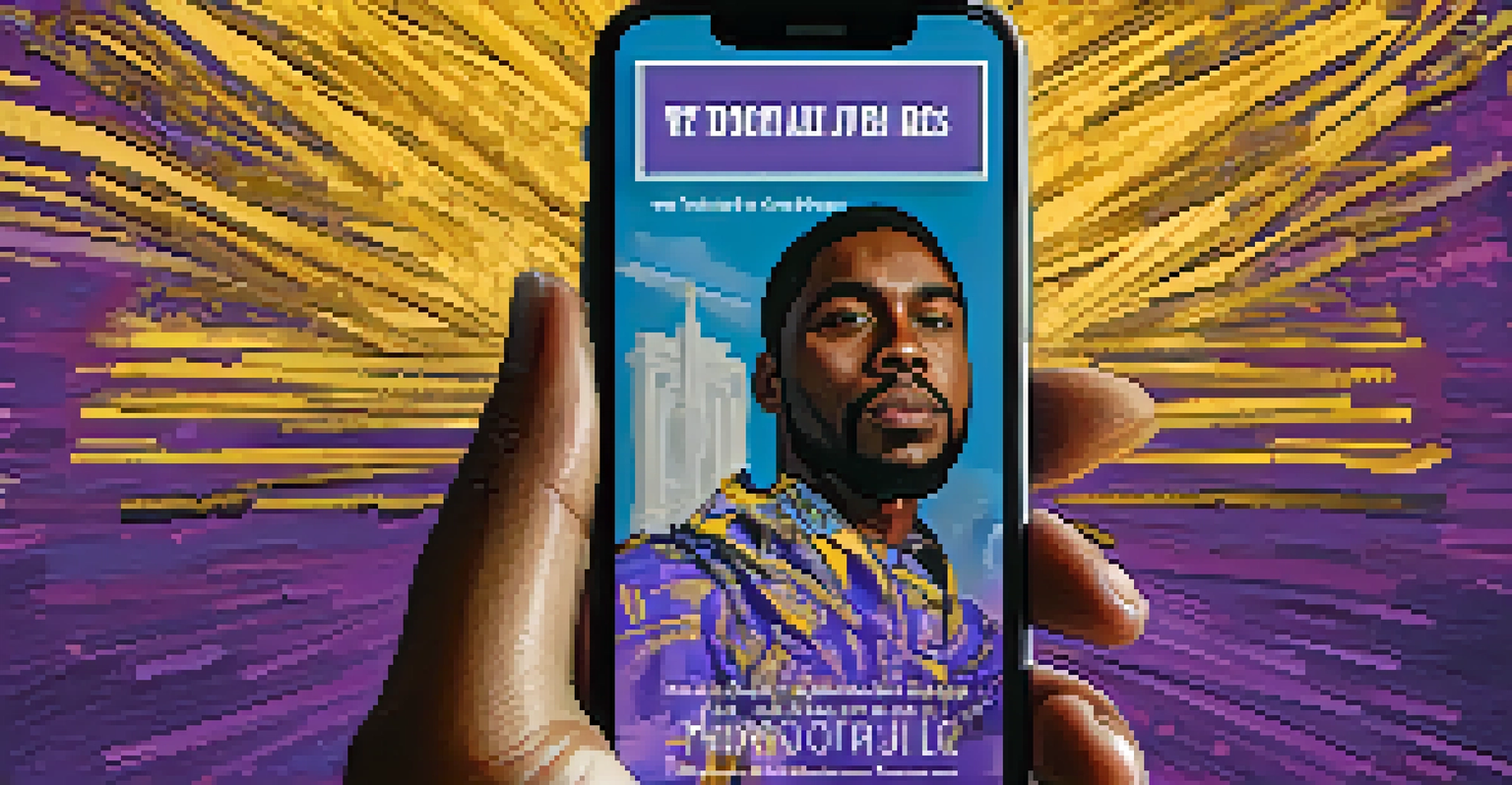 A smartphone screen showing a vibrant digital art piece with a social justice message in bold colors and striking typography.