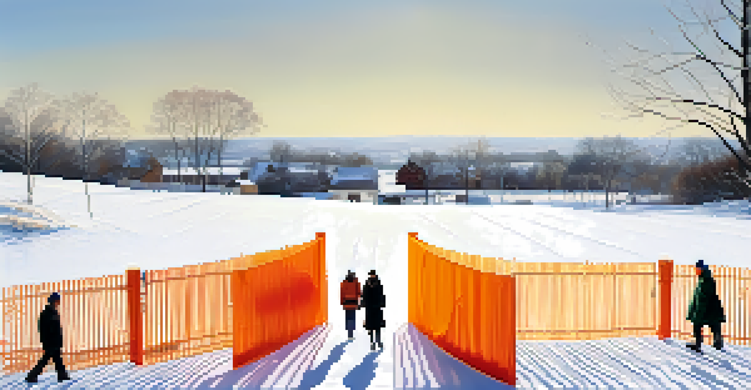 A winter landscape with bright saffron-colored gates, as people walk through the installation, creating a lively contrast against the snow.