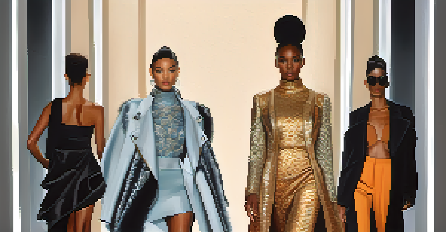 Models of various sizes and ethnicities walking the runway in avant-garde fashion under dramatic lighting.