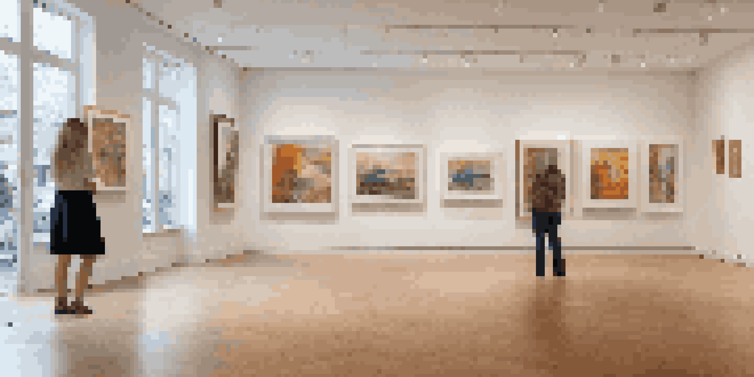 An art gallery with diverse paintings and sculptures, warm wooden floors, ambient lighting, and visitors enjoying the artworks.