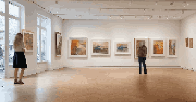 An art gallery with diverse paintings and sculptures, warm wooden floors, ambient lighting, and visitors enjoying the artworks.