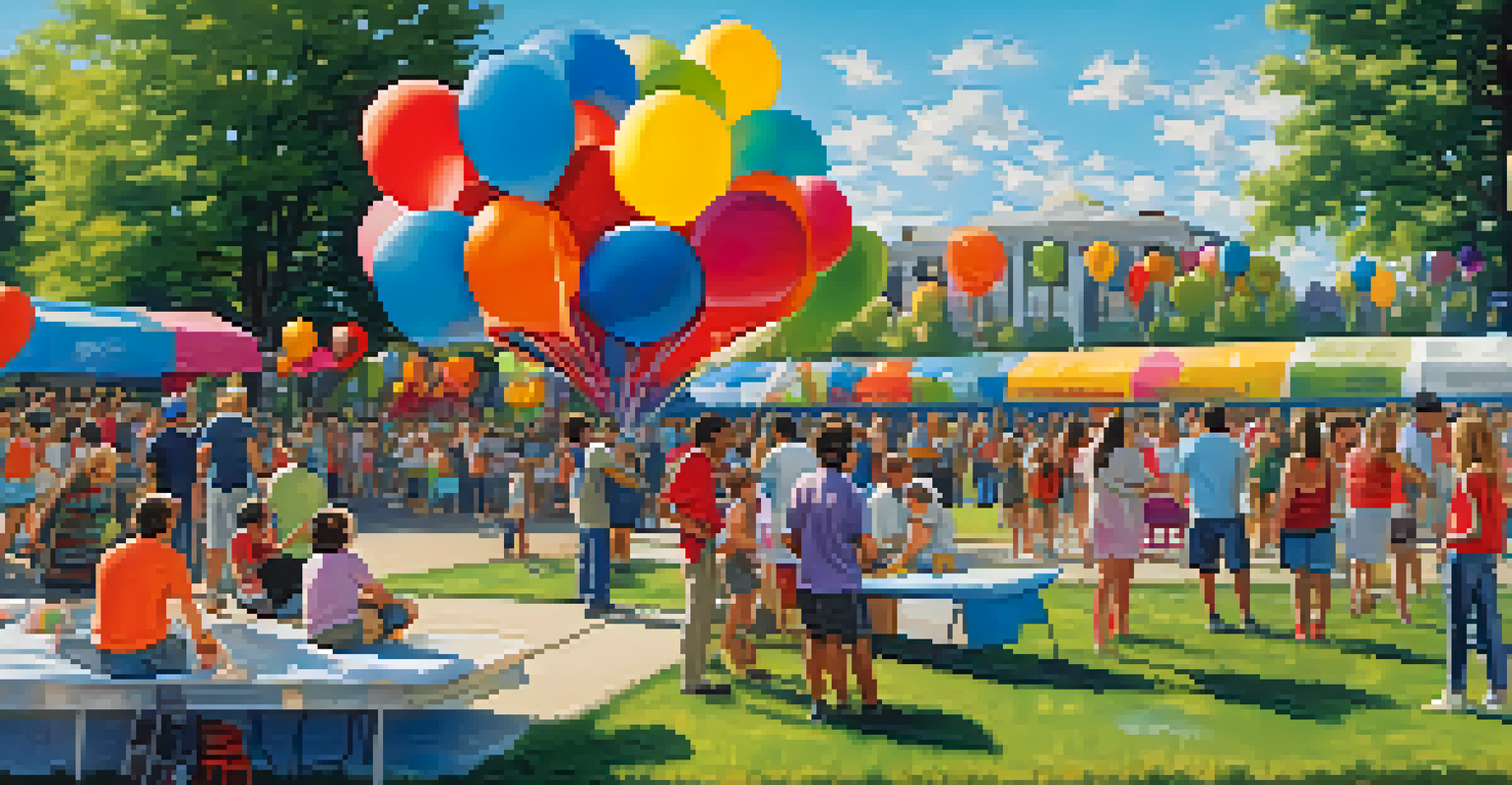 A community art event in a park with families watching artists paint a large graffiti wall, decorated with balloons.