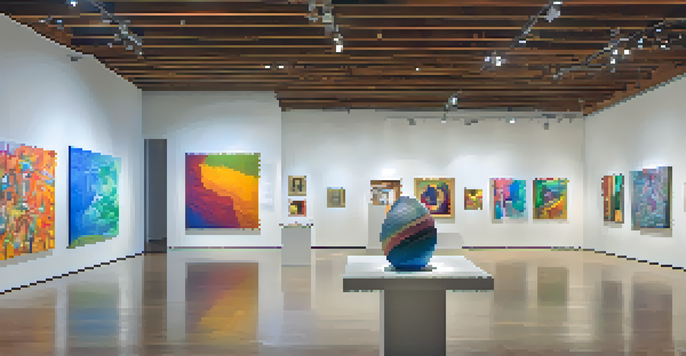 An art gallery filled with colorful abstract paintings and small sculptures, with visitors admiring the artworks.