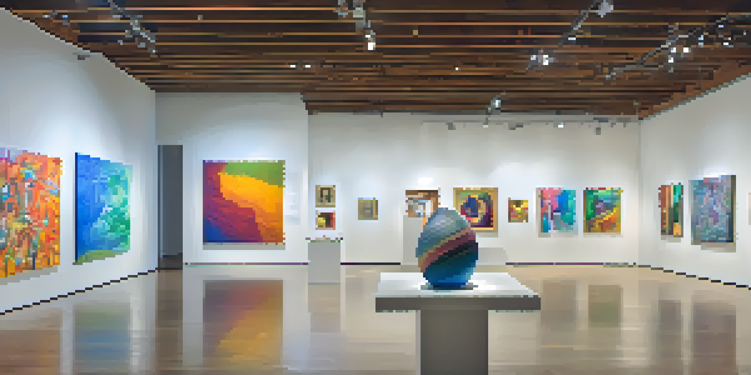 An art gallery filled with colorful abstract paintings and small sculptures, with visitors admiring the artworks.