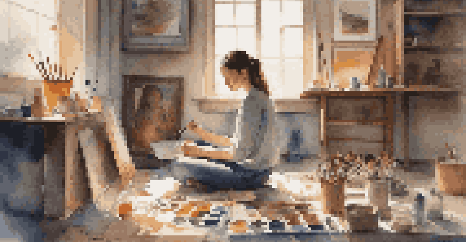 A student creating a painting on the floor, surrounded by art supplies, expressing their family's heritage in a warm-lit environment.