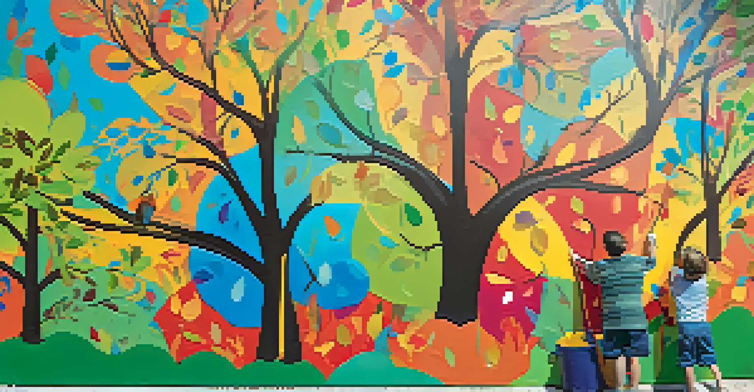 A close-up of a family creating a colorful mural together, showcasing their individual contributions with handprints and bright colors.