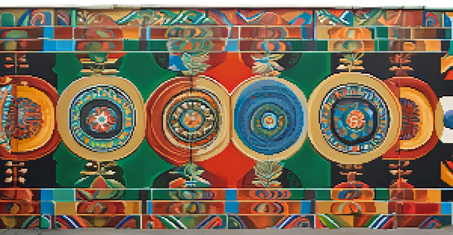 A detailed view of a colorful urban mural with intricate patterns, showcasing cultural heritage and community storytelling.