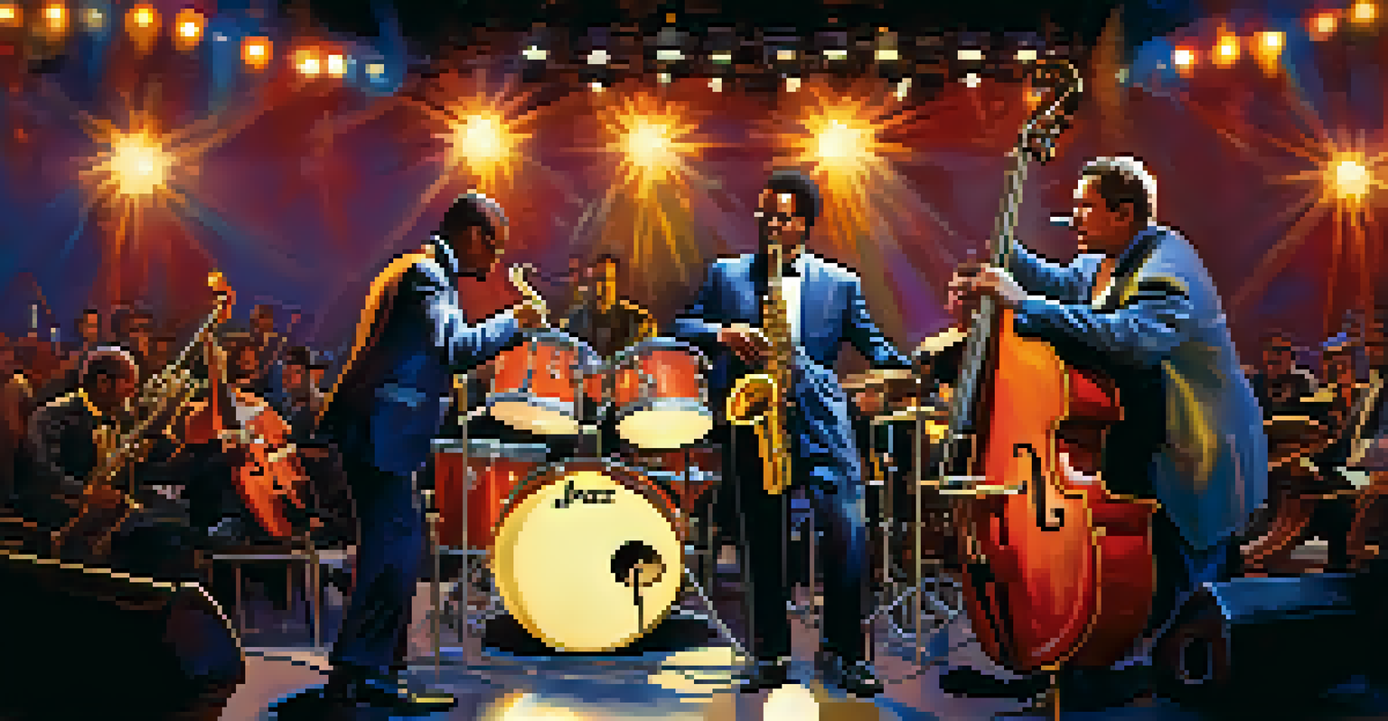 A jazz band on stage, with musicians playing together under colorful lights, while the audience enjoys the performance.