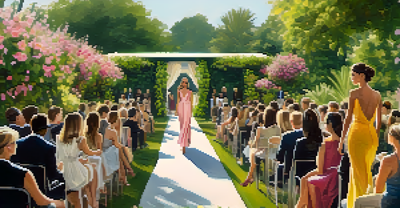 An outdoor fashion show in a garden with models in sustainable, elegant outfits walking a flower-adorned runway, surrounded by an engaged audience.