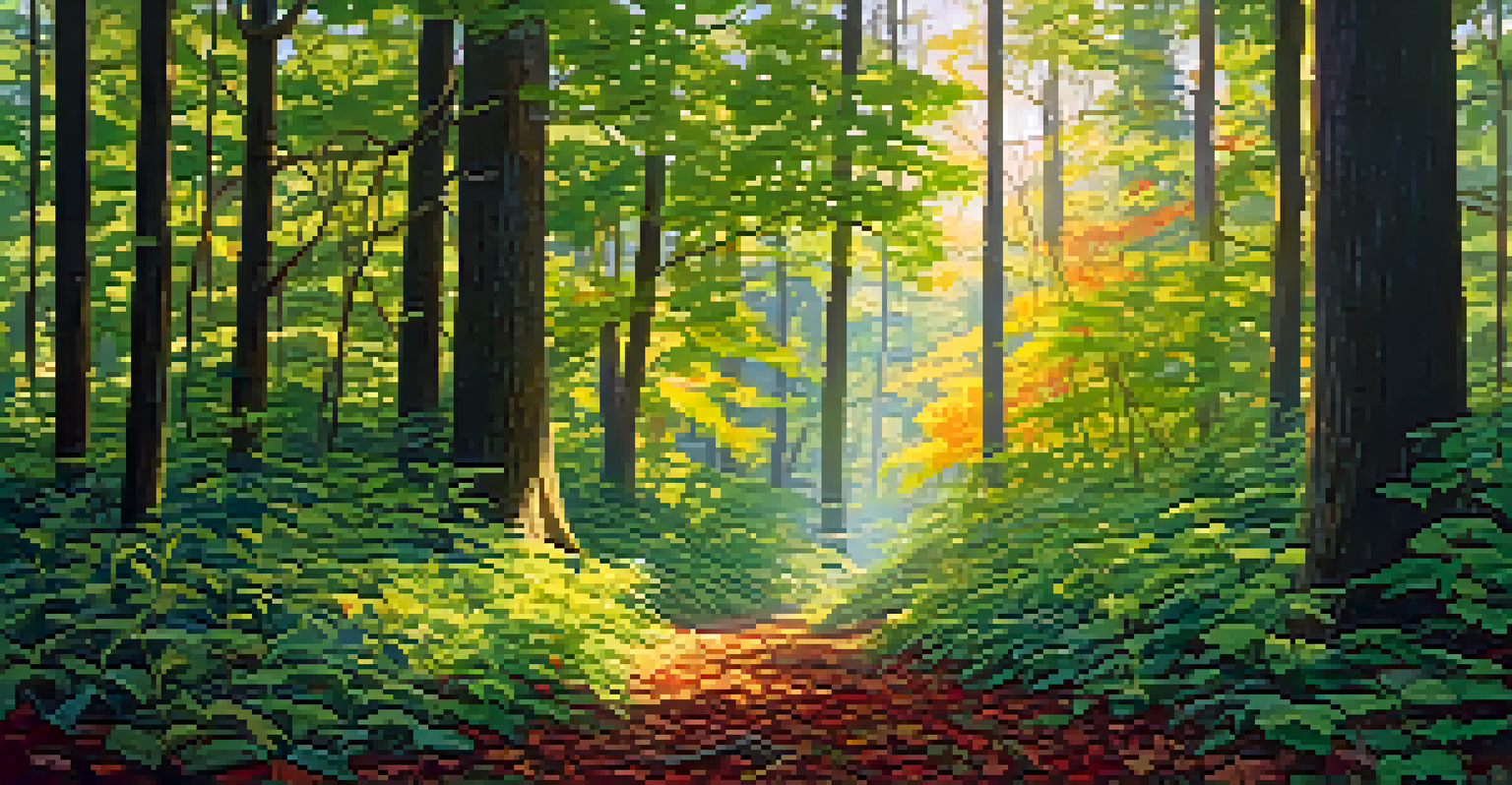 A vibrant forest with sunlight filtering through leaves, colorful wildflowers blooming, and a peaceful atmosphere filled with natural sounds.