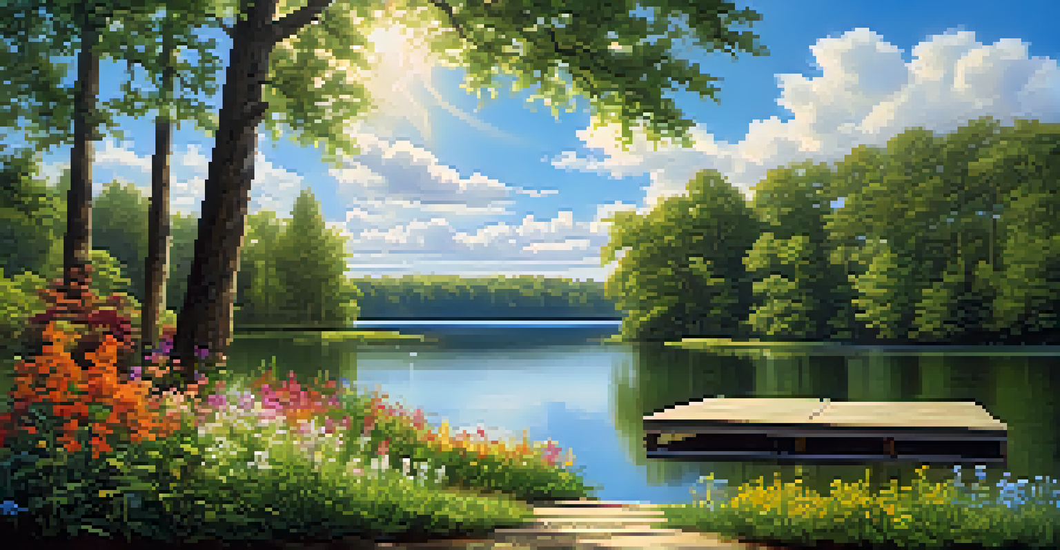 A peaceful lake surrounded by greenery and wildflowers, with a wooden dock extending into the water under a blue sky.