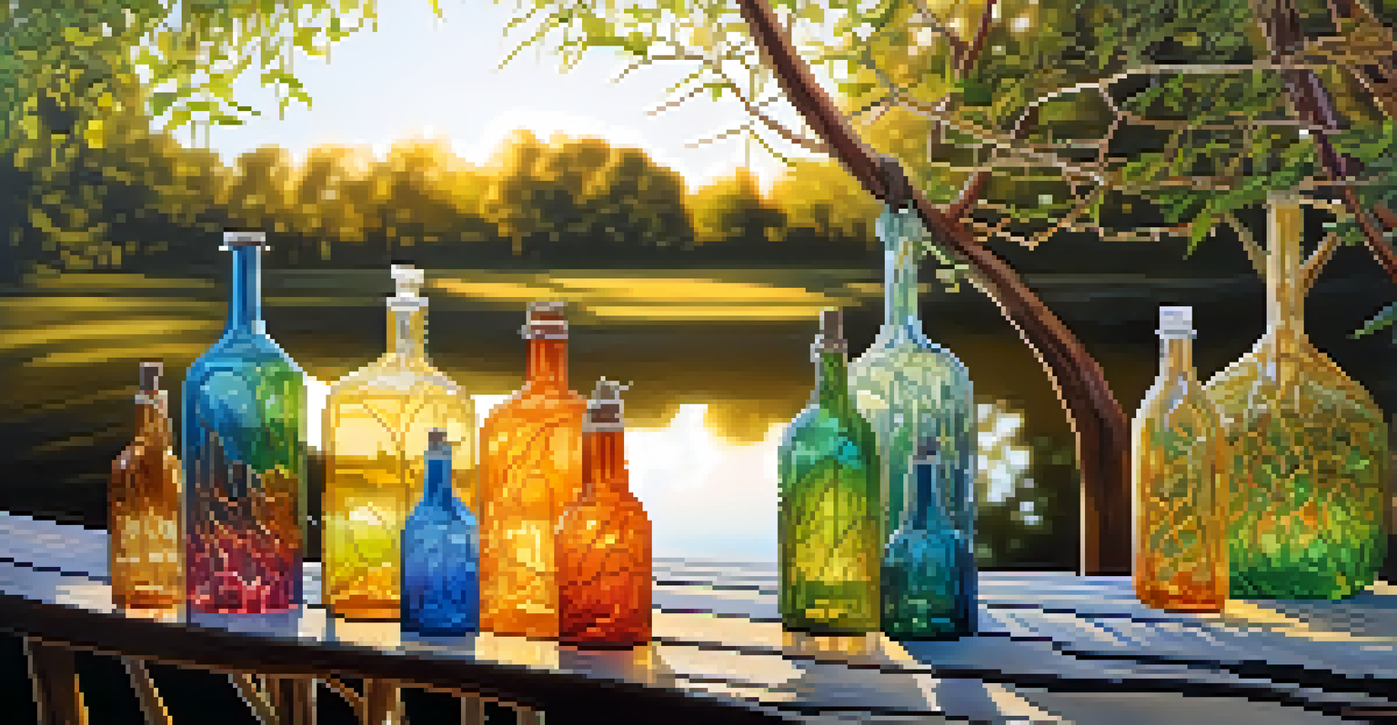 A tranquil outdoor scene with a twisted tree branch decorated with glass bottles, illuminated by the setting sun.