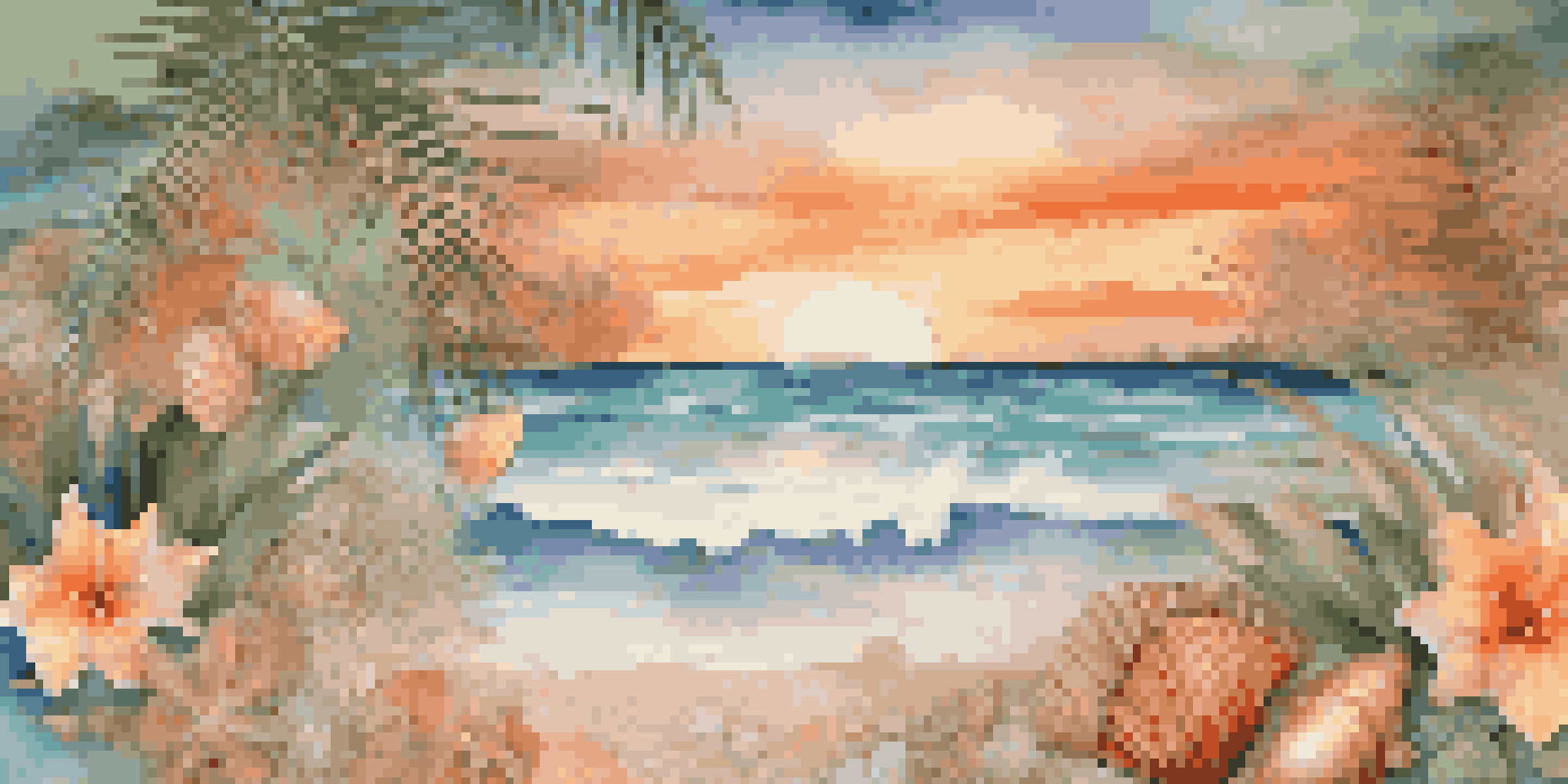 A colorful digital collage of a beach sunset, featuring palm leaves and seashells, with tropical flowers in the foreground.