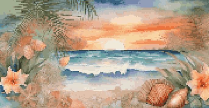 A colorful digital collage of a beach sunset, featuring palm leaves and seashells, with tropical flowers in the foreground.