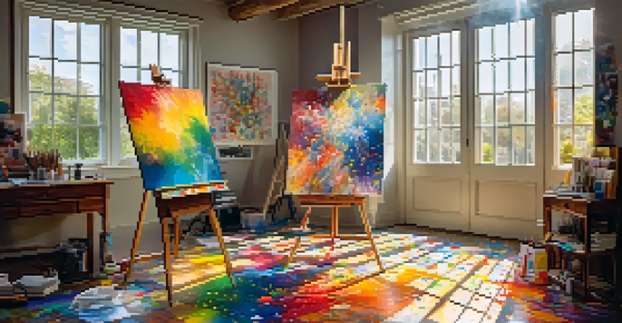 A colorful artist's studio with paint splatters, art supplies, and a whimsical abstract painting on an easel, illuminated by sunlight.