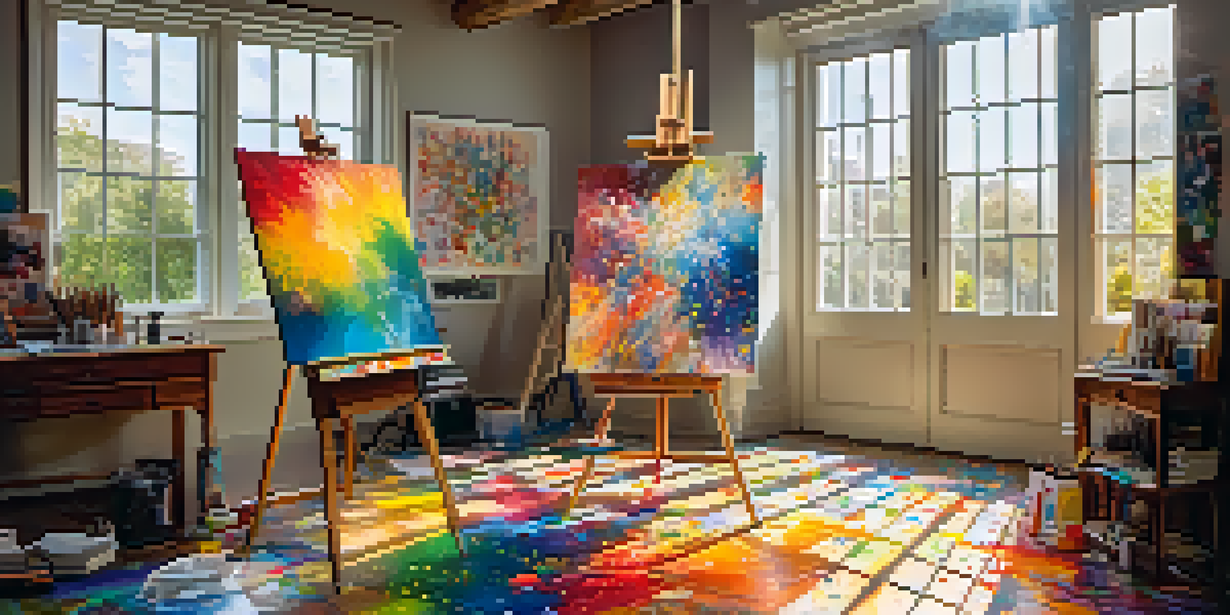 A colorful artist's studio with paint splatters, art supplies, and a whimsical abstract painting on an easel, illuminated by sunlight.