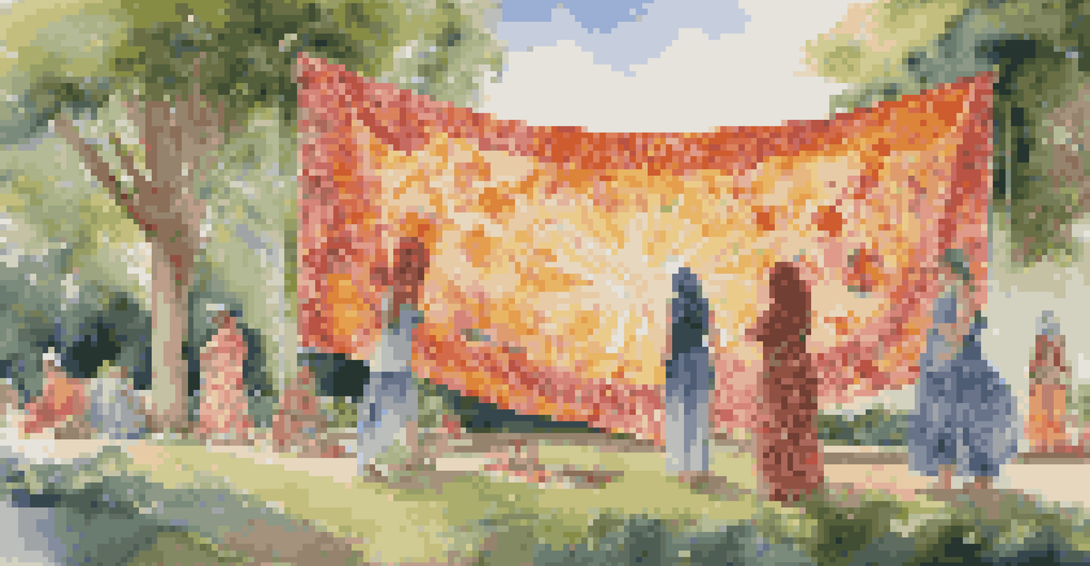 An outdoor tapestry installation depicting diverse female figures, with visitors interacting and discussing the artwork.