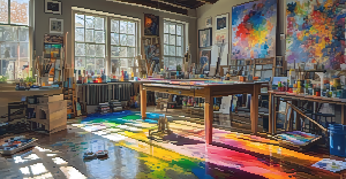 An artist's studio with colorful paint splatters, canvases, and sunlight streaming through windows.