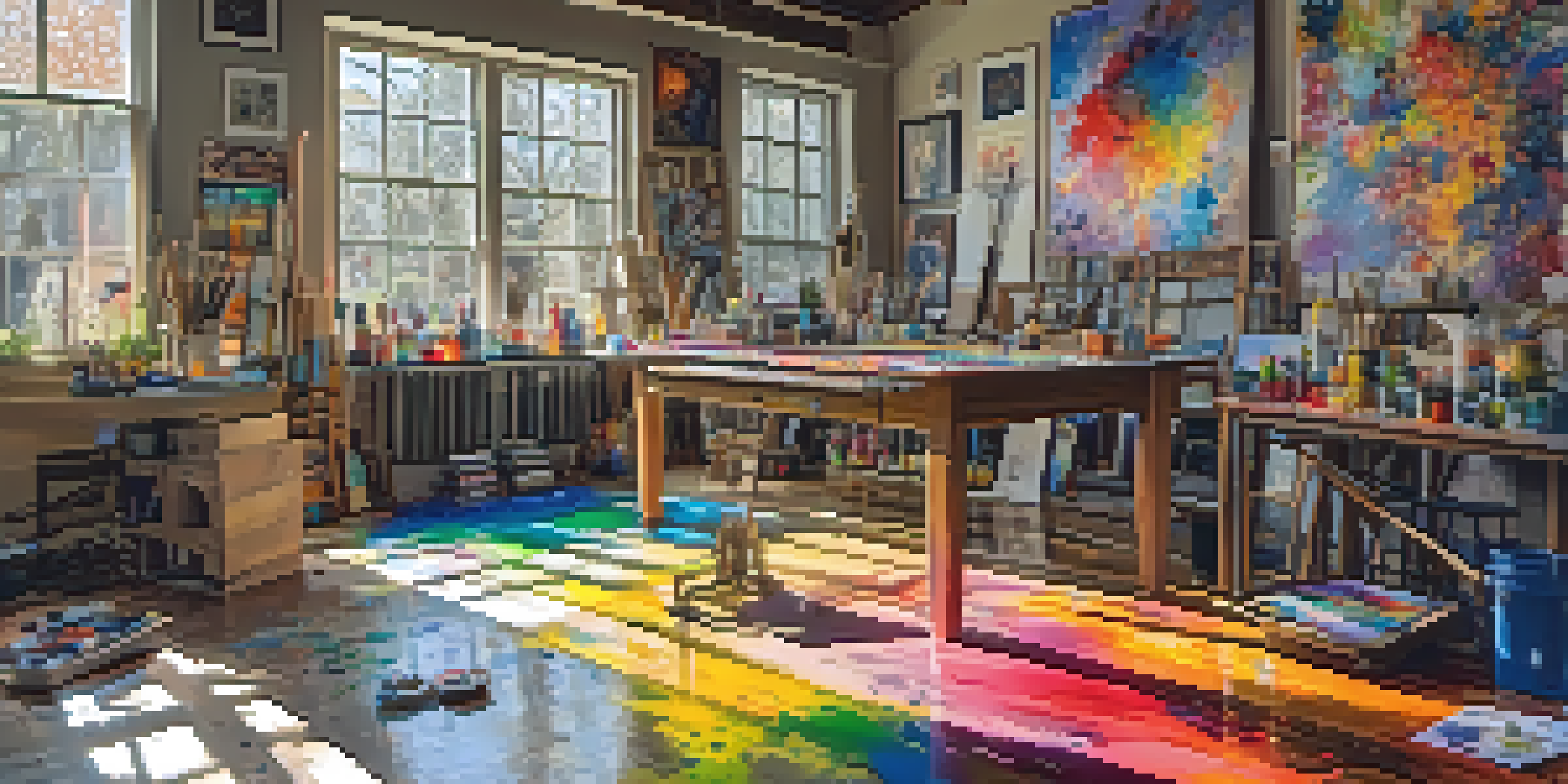 An artist's studio with colorful paint splatters, canvases, and sunlight streaming through windows.