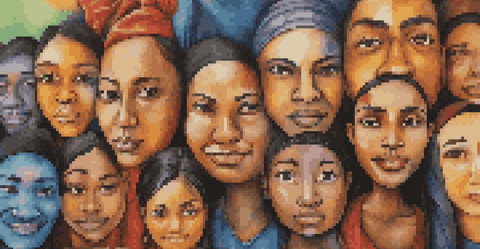 A detailed mural depicting diverse faces, showcasing cultural richness.