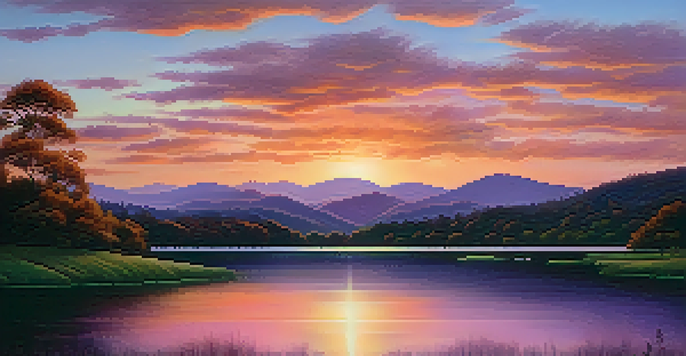A beautiful sunset over a calm lake, with warm colors in the sky and silhouettes of hills in the background.