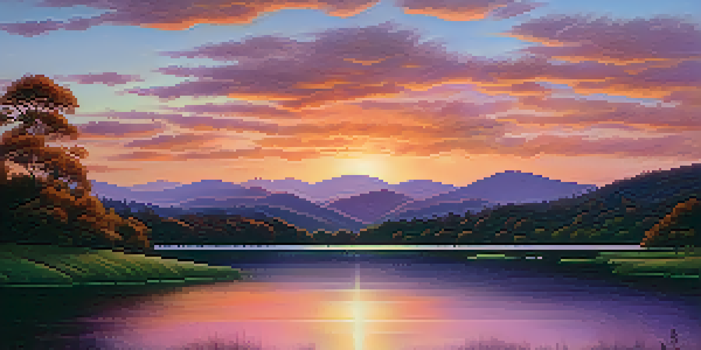 A beautiful sunset over a calm lake, with warm colors in the sky and silhouettes of hills in the background.