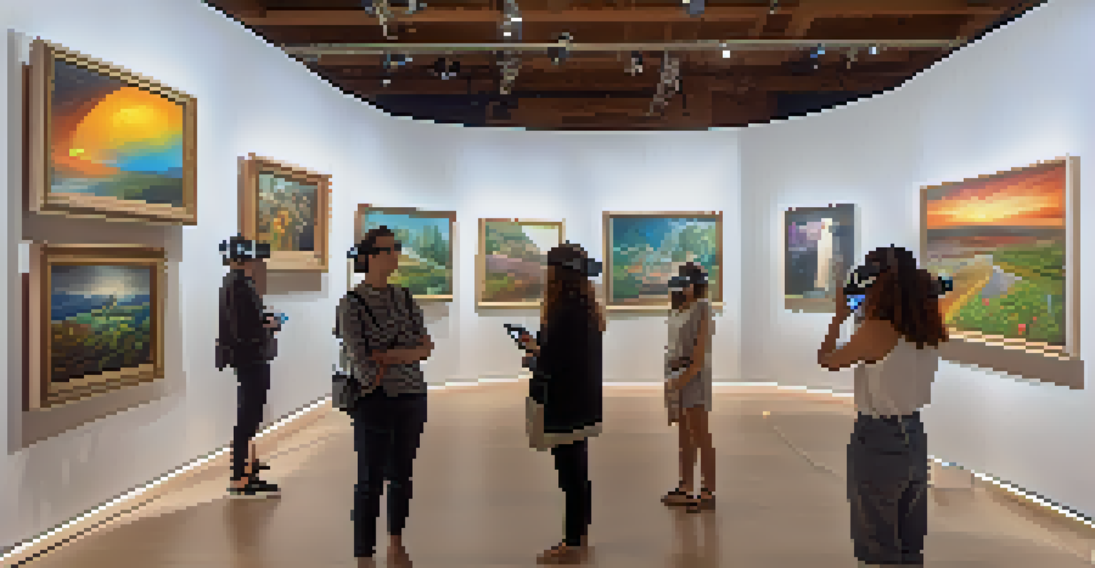 An interactive virtual reality gallery with visitors exploring 3D sculptures and paintings, enhanced by ambient lighting.