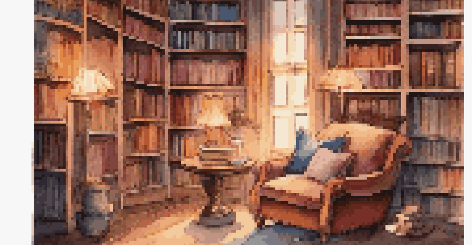 An inviting library with bookshelves, a cozy armchair, and a cup of tea on a side table under warm lighting.