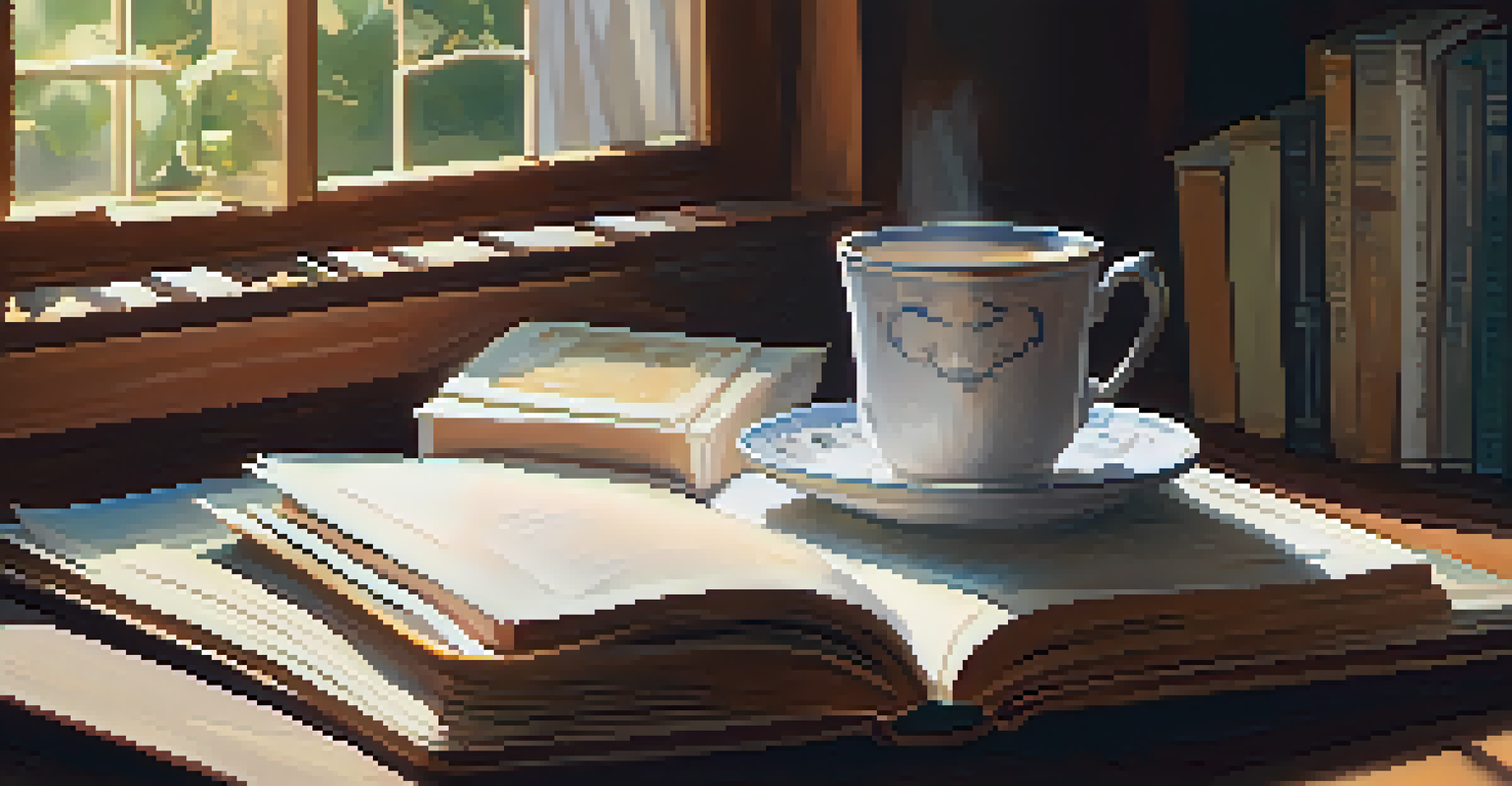 A reading nook featuring a stack of books, an open journal with handwritten text, and a cup of tea, illuminated by sunlight.