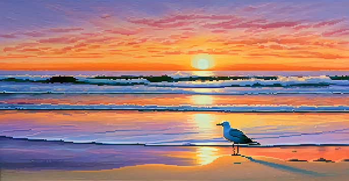 A peaceful beach scene during sunset with colorful skies and calm waves, featuring soft sand and a silhouette of a seagull.