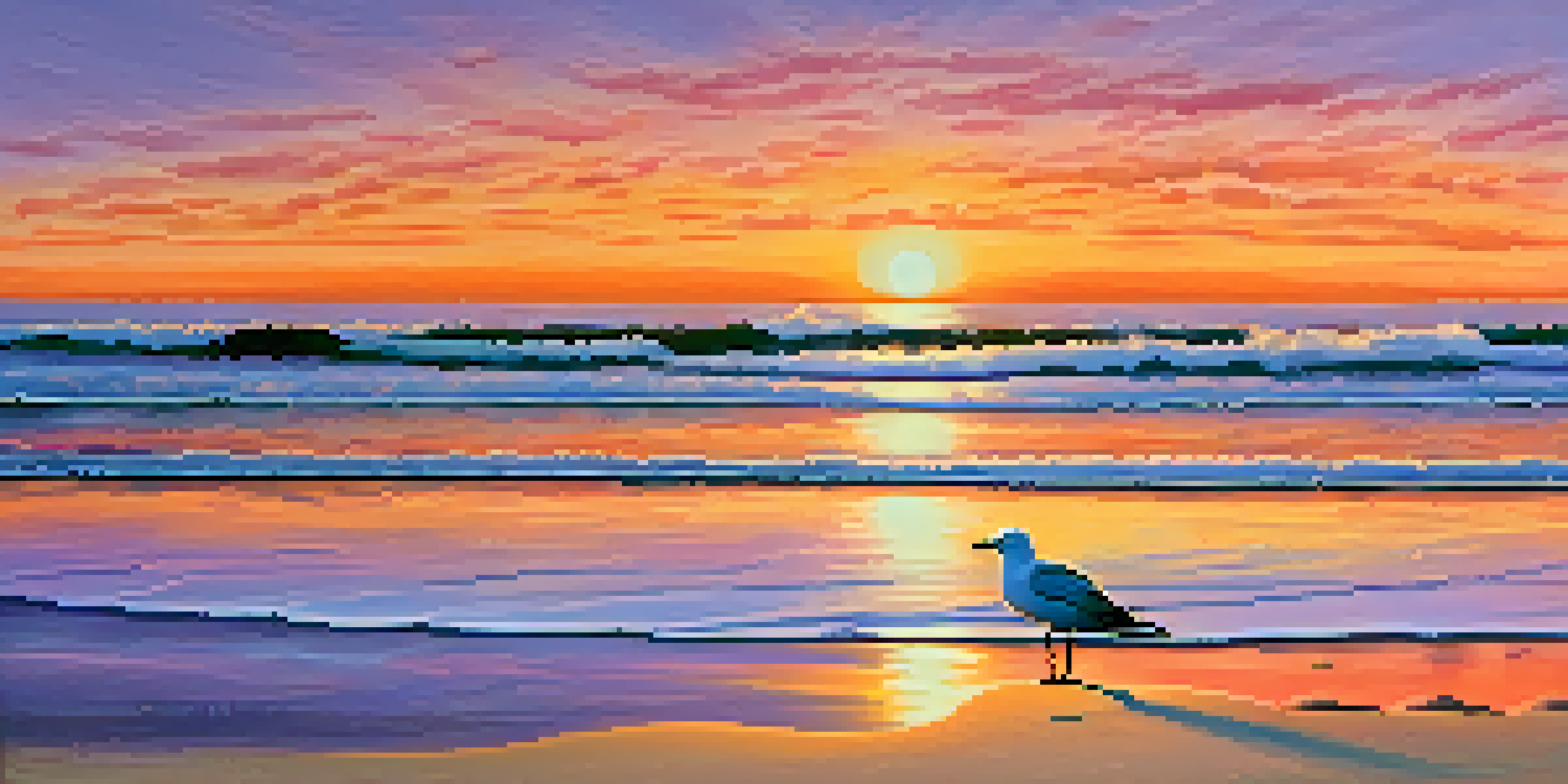 A peaceful beach scene during sunset with colorful skies and calm waves, featuring soft sand and a silhouette of a seagull.