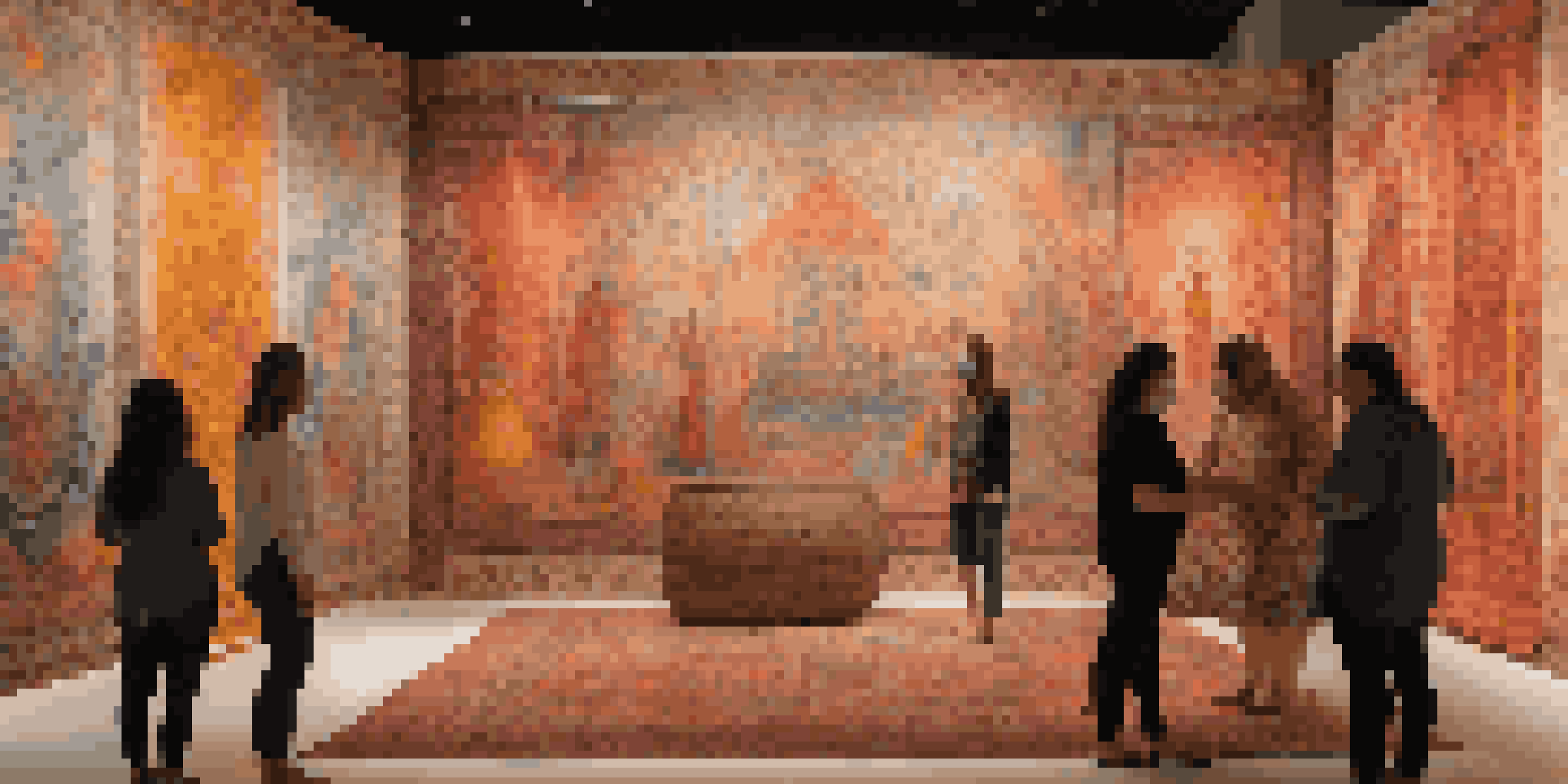 An art installation showcasing colorful tapestries inspired by folklore, displayed in a warmly lit gallery with viewers interacting with the pieces.