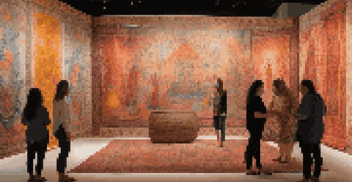An art installation showcasing colorful tapestries inspired by folklore, displayed in a warmly lit gallery with viewers interacting with the pieces.
