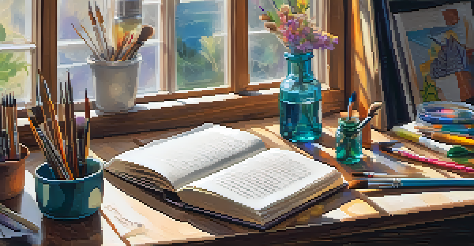 An open book with a quote on social justice, surrounded by art supplies on a wooden table, illuminated by natural light.