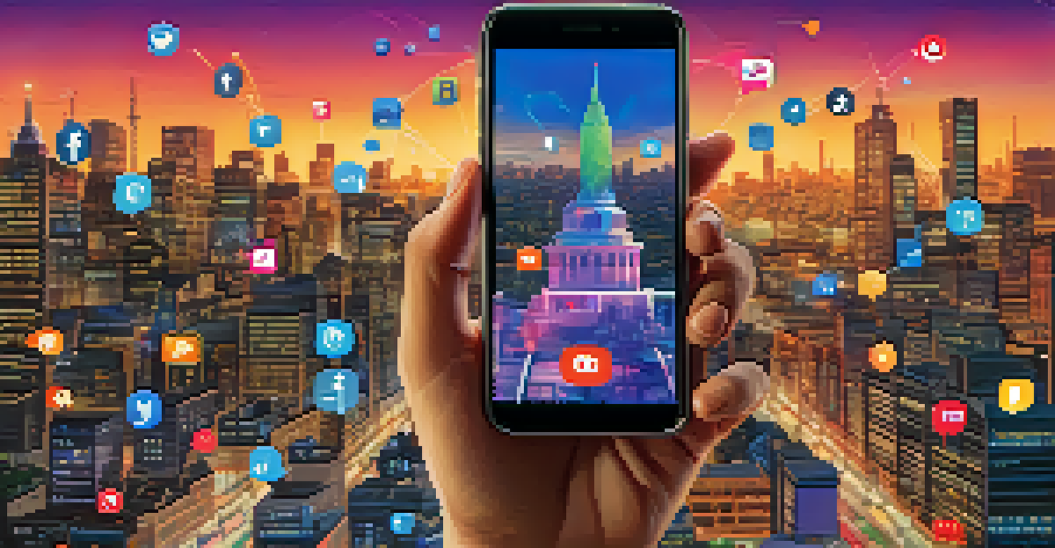A smartphone displaying animated GIFs about social issues, surrounded by social media icons against a blurred city background.