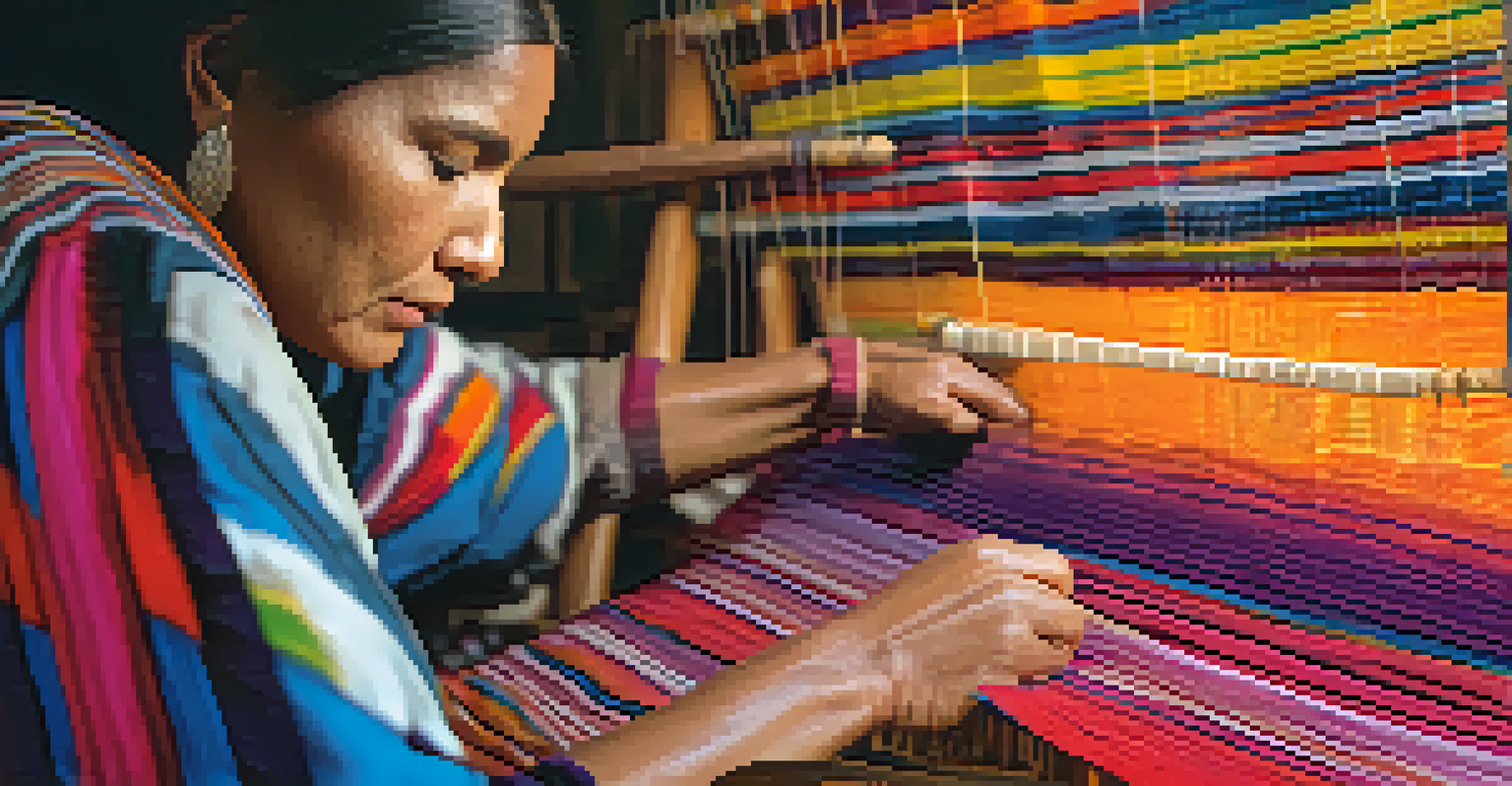A close-up of an Indigenous textile artist weaving colorful fabric on a traditional loom, with sunlight highlighting the textures.