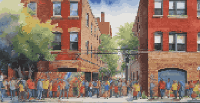 A colorful street mural of a local hero on a brick wall, surrounded by plants and urban activity.