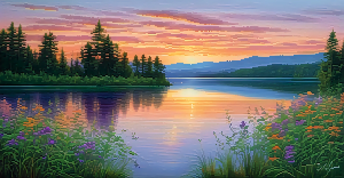 A peaceful lake scene at sunset with colorful reflections, surrounded by greenery and wildflowers.