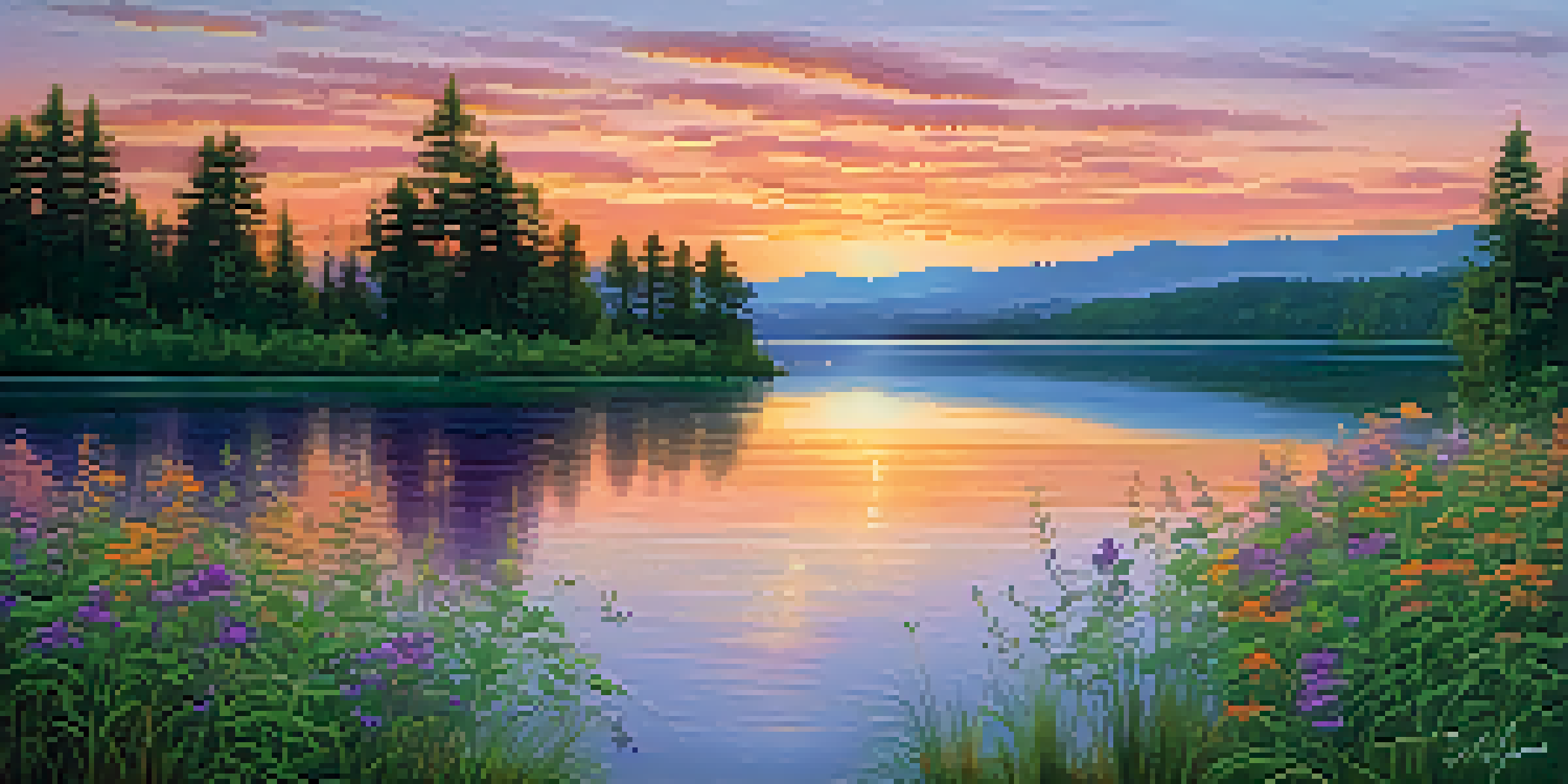 A peaceful lake scene at sunset with colorful reflections, surrounded by greenery and wildflowers.