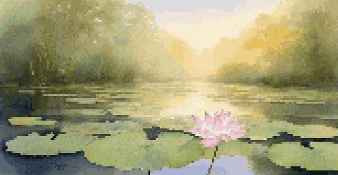 A beautiful lotus flower on a calm pond at sunrise, with soft golden light and lush greenery in the background.