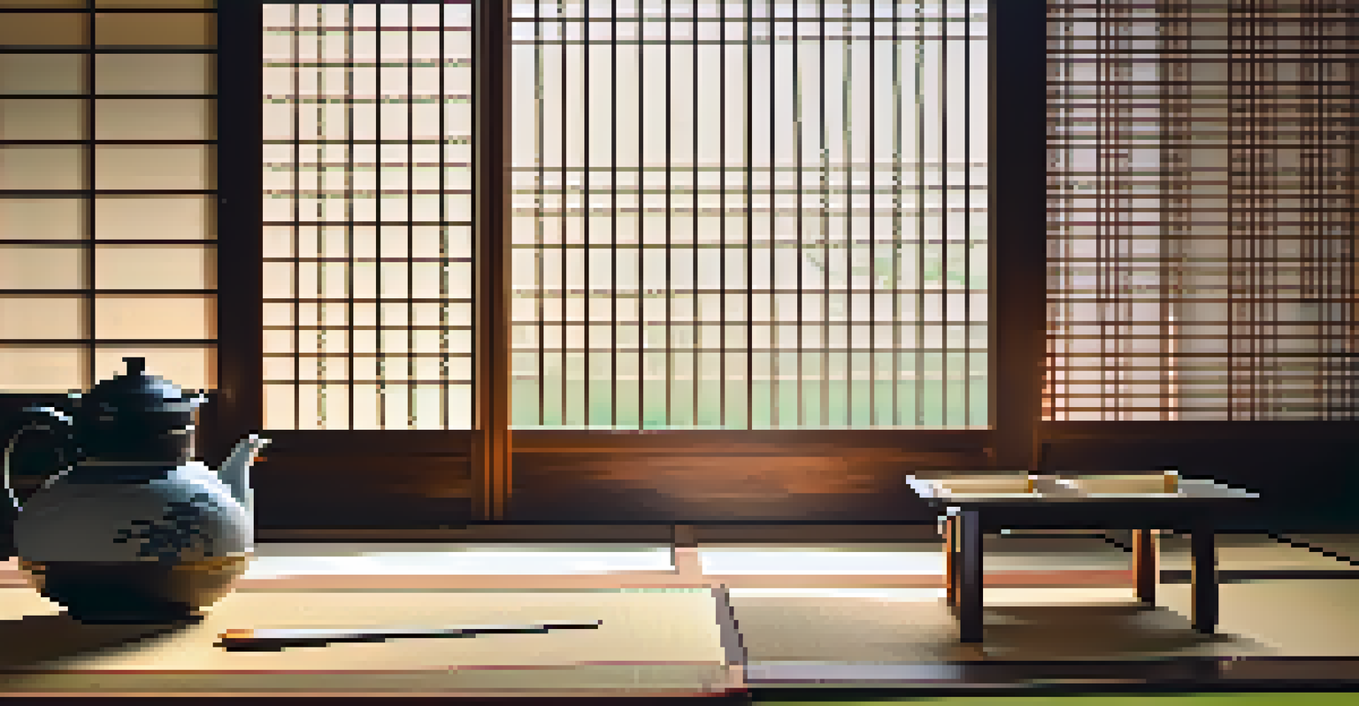 An inviting Japanese tea house interior, featuring a tea ceremony, tatami mats, and soft natural light.